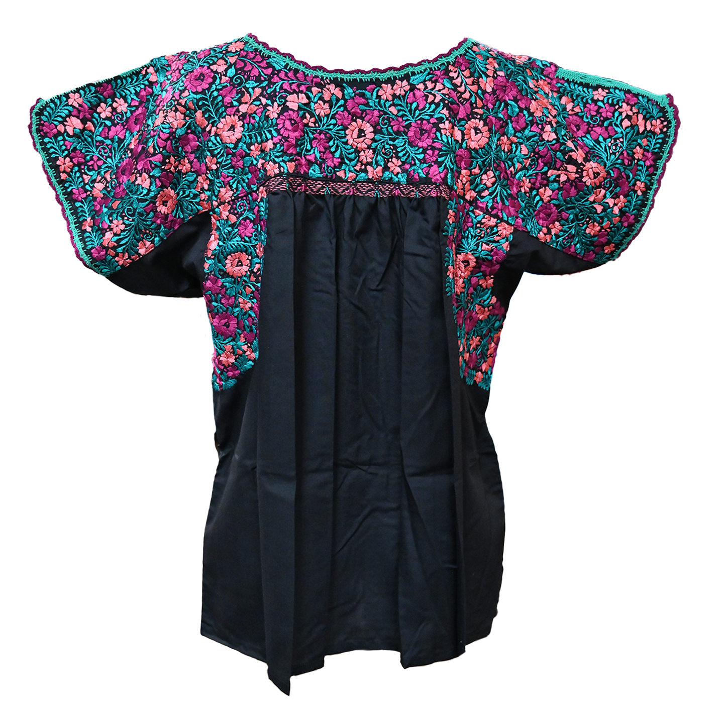 Black with Magenta, Coral, and Turquoise Embroidery