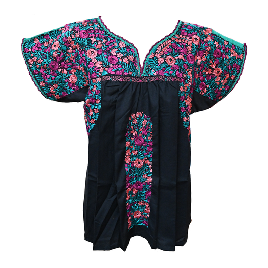 Black with Magenta, Coral, and Turquoise Embroidery